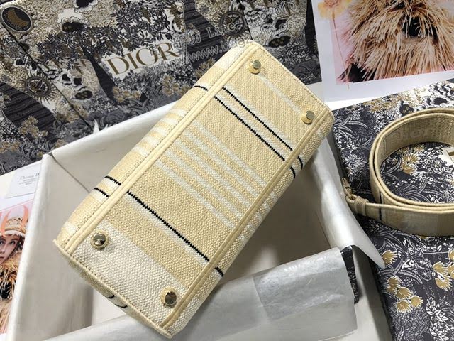 Dior女包 迪奧Lady D-Lite五格刺繡條紋杏色戴妃包 Dior手提肩背斜挎包  dfk1838